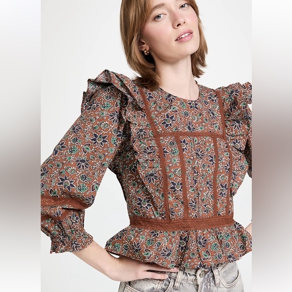 Veronica Beard Ruffle Balloon Sleeves Weslayan Blouse Top in Cinnamon Multi - Picture 2 of 10